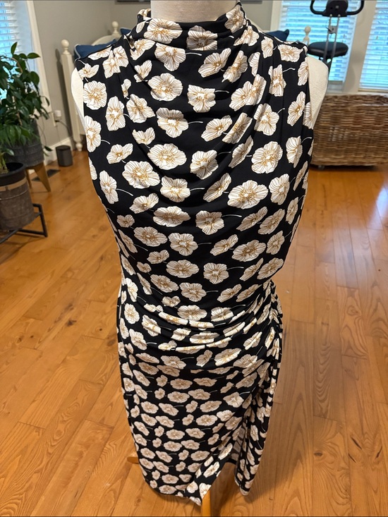 Talbots Dresses & Skirts - Talbots Black Midi Dress with White and Gold Floral Print